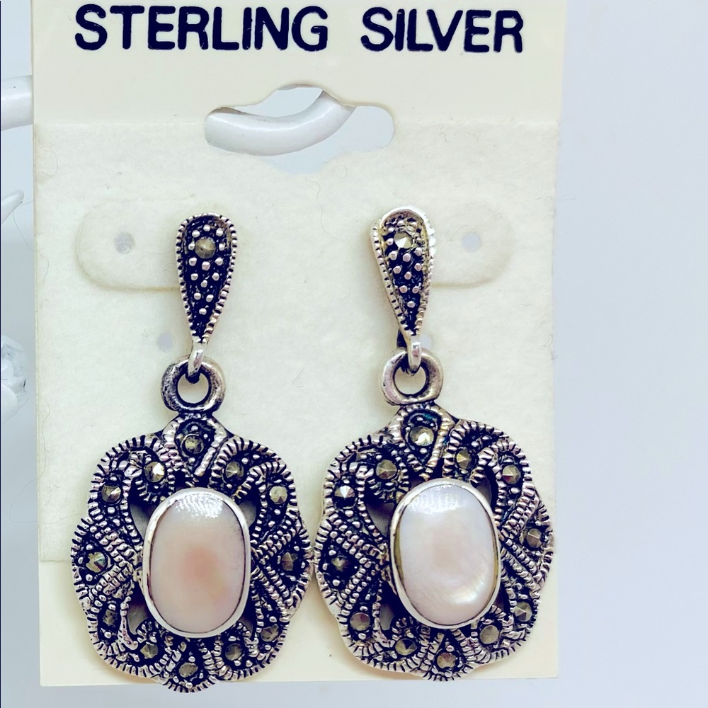 Sterling Silver earrings oval filigree mixture oxidized & shiny silver EUC